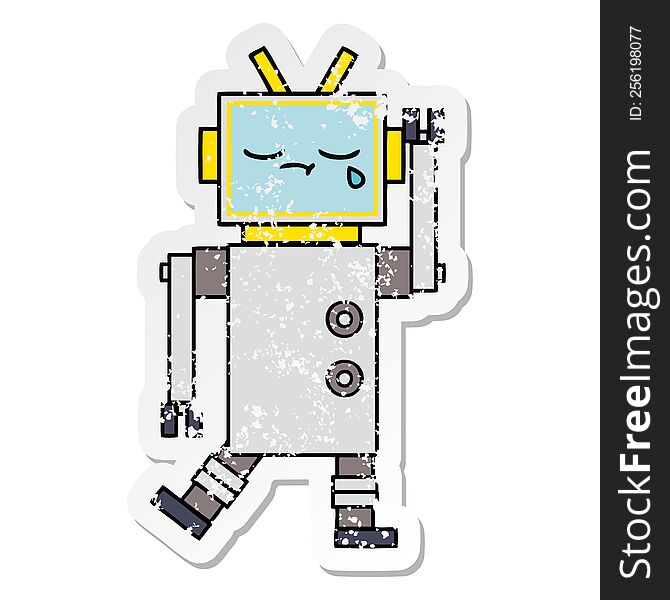 Distressed Sticker Of A Cute Cartoon Crying Robot