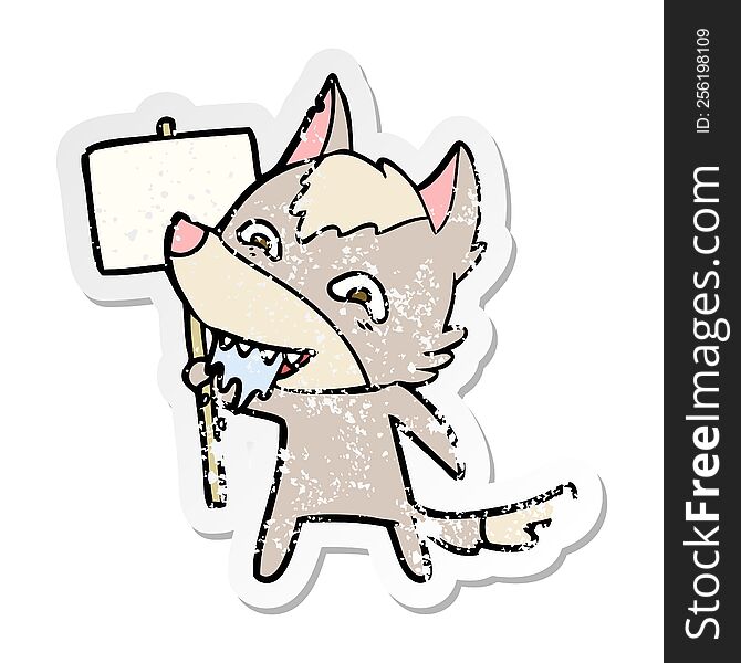 distressed sticker of a cartoon hungry wolf with sign post