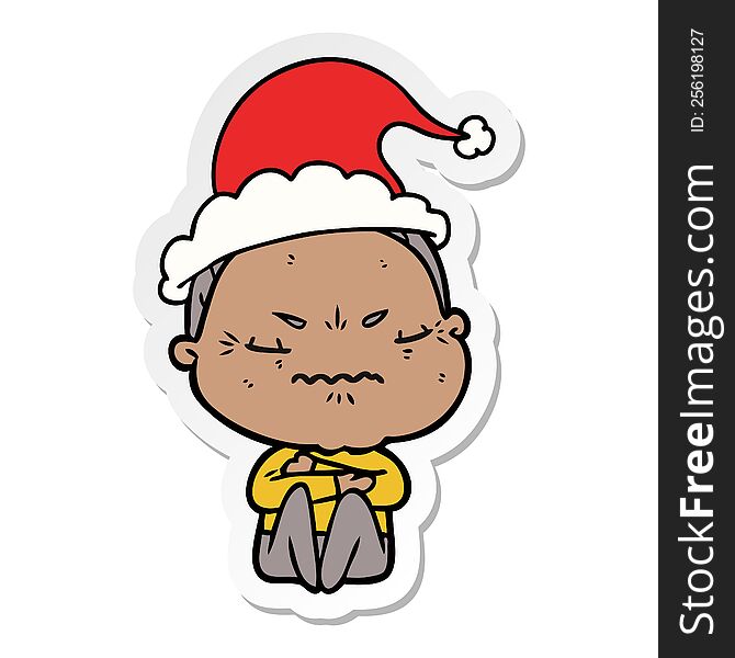 hand drawn sticker cartoon of a annoyed old lady wearing santa hat