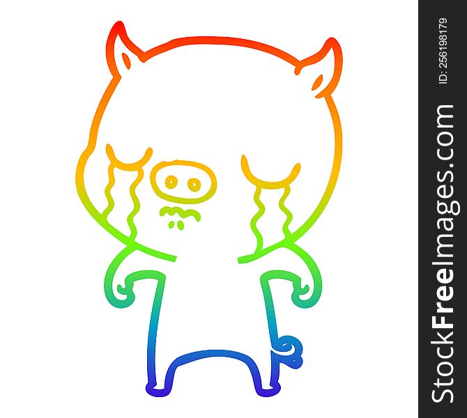 Rainbow Gradient Line Drawing Cartoon Pig Crying