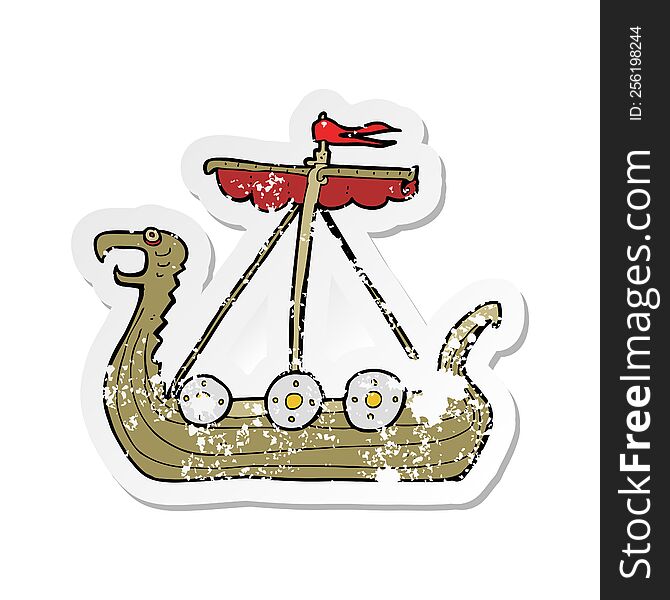 Retro Distressed Sticker Of A Cartoon Viking Ship