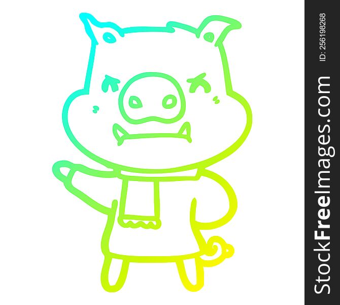Cold Gradient Line Drawing Angry Cartoon Pig In Winter Clothes
