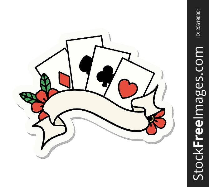 Tattoo Style Sticker Of Cards And Banner With Flowers