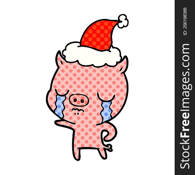 Comic Book Style Illustration Of A Pig Crying Wearing Santa Hat