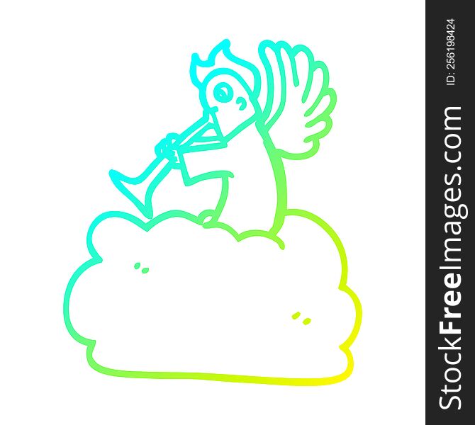 cold gradient line drawing of a cartoon angel on cloud with trumpet