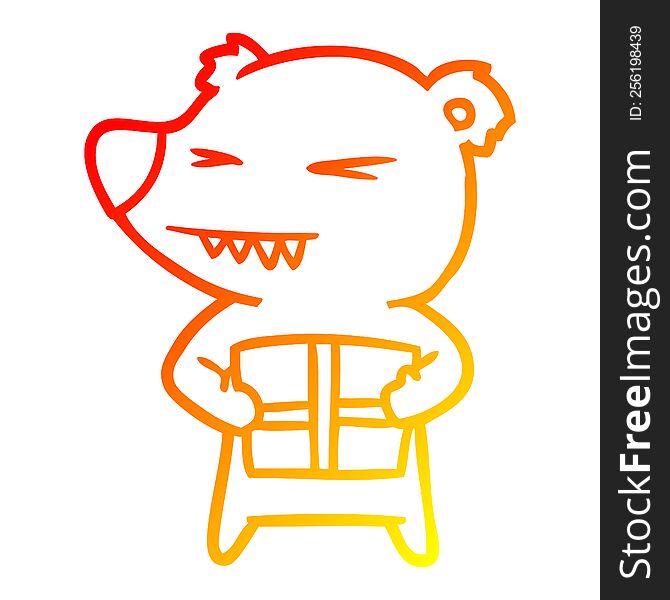 warm gradient line drawing of a angry bear cartoon with gift