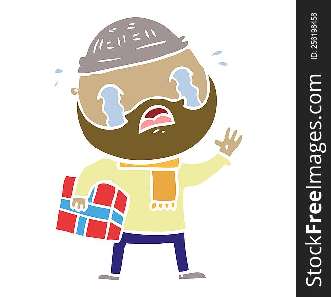 Flat Color Style Cartoon Bearded Man Crying With Christmas Present