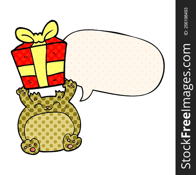 Cute Cartoon Christmas Bear And Speech Bubble In Comic Book Style