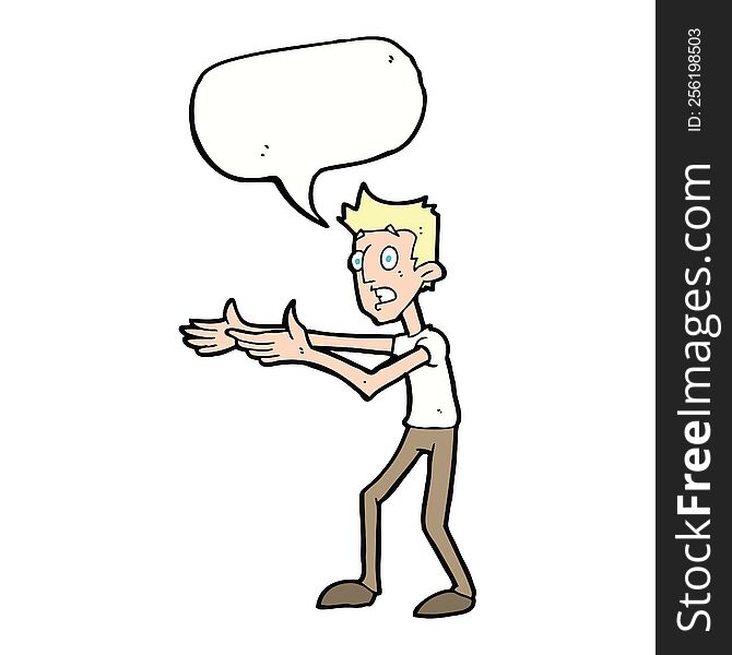 cartoon man desperately explaining with speech bubble
