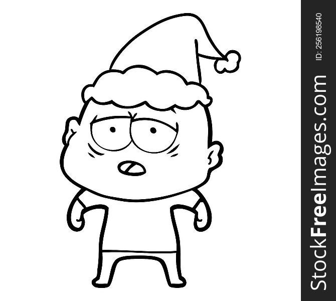 hand drawn line drawing of a tired bald man wearing santa hat