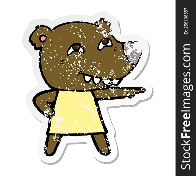 Distressed Sticker Of A Cartoon Pointing Bear Girl Showing Teeth