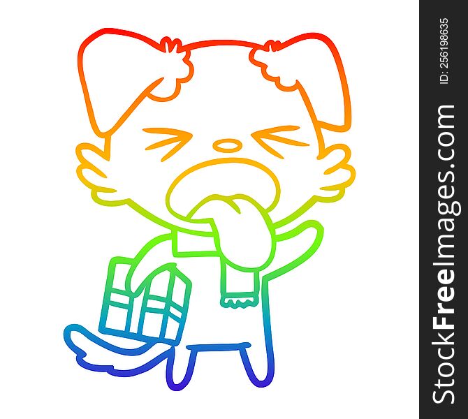 Rainbow Gradient Line Drawing Cartoon Disgusted Dog With Christmas Gift