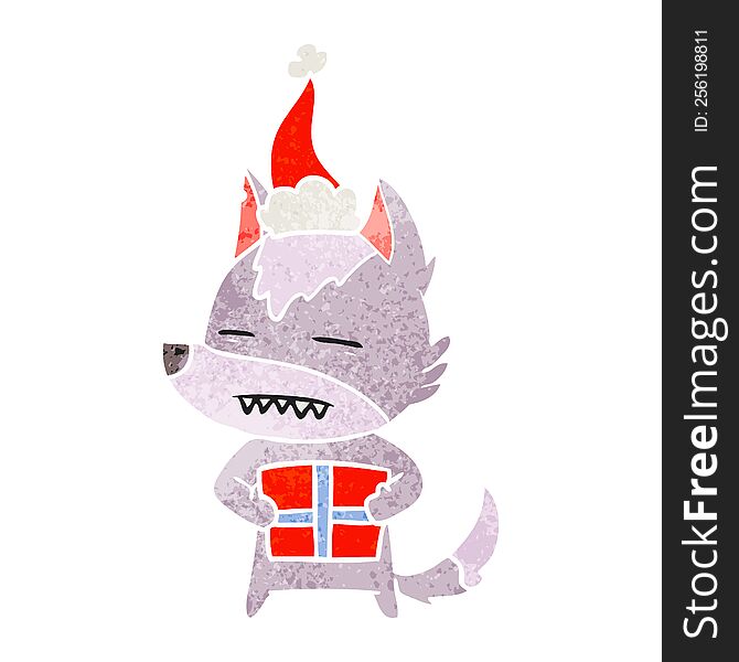 hand drawn retro cartoon of a wolf with a gift wearing santa hat