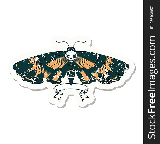 worn old sticker with banner of a deaths head moth. worn old sticker with banner of a deaths head moth