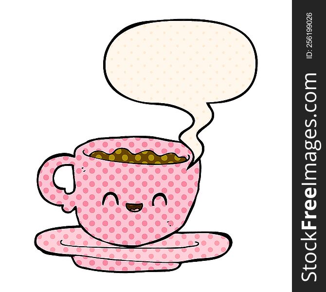 cartoon hot cup of coffee with speech bubble in comic book style