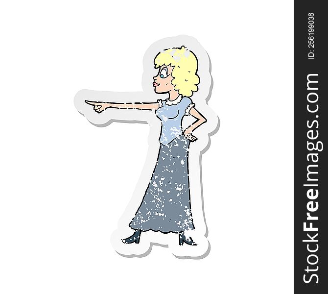 Retro Distressed Sticker Of A Cartoon Woman Pointing Finger