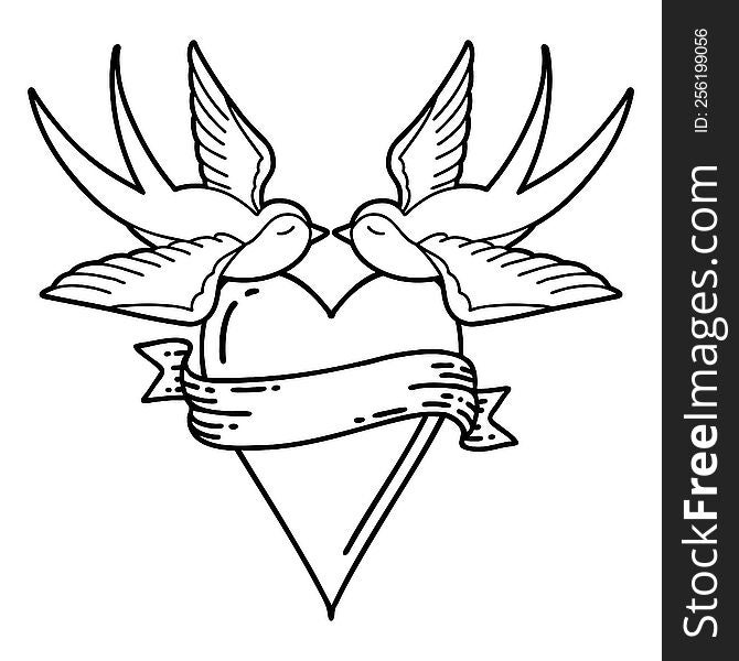 Black Line Tattoo Of A Swallows And A Heart With Banner