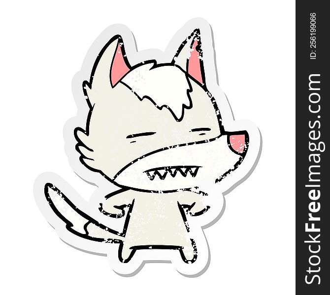 Distressed Sticker Of A Cartoon Wolf Showing Teeth