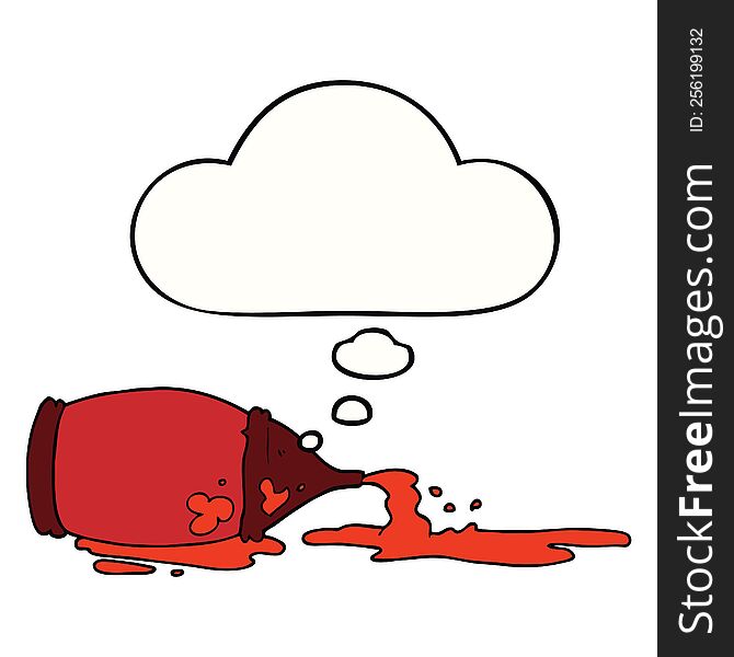 cartoon spilled ketchup bottle with thought bubble