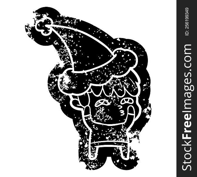 Cartoon Distressed Icon Of A Curious Man Wearing Santa Hat