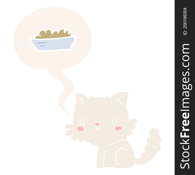 cute cartoon cat and food with speech bubble in retro style