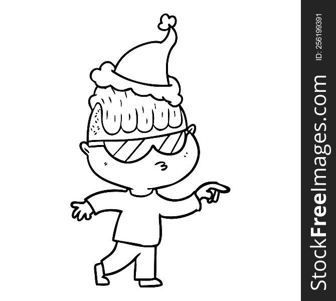 Line Drawing Of A Boy Wearing Sunglasses Pointing Wearing Santa Hat