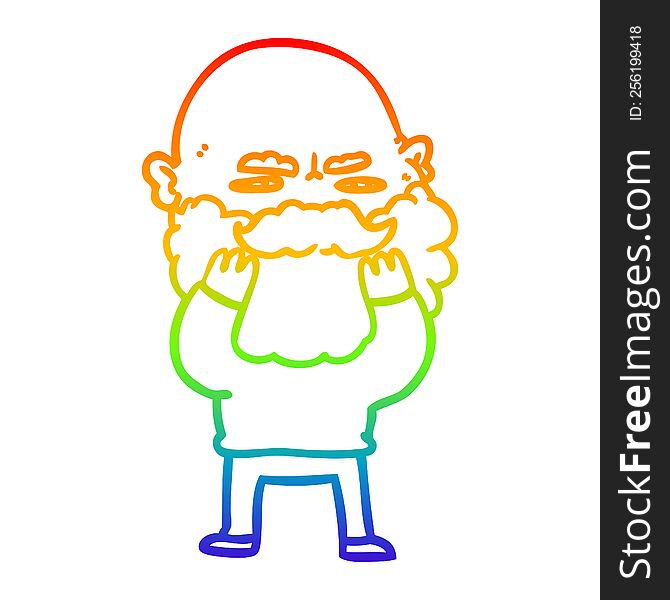 rainbow gradient line drawing cartoon man with beard frowning checking his beard