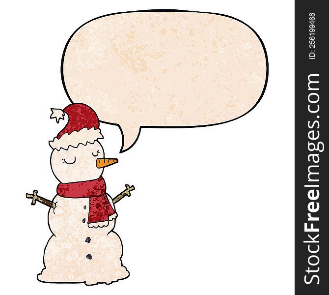 Cartoon Snowman And Speech Bubble In Retro Texture Style