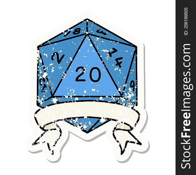 grunge sticker of a natural 20 critical hit D20 dice roll. grunge sticker of a natural 20 critical hit D20 dice roll