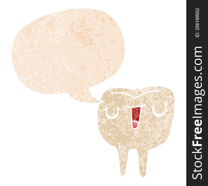 Cartoon Happy Tooth And Speech Bubble In Retro Textured Style
