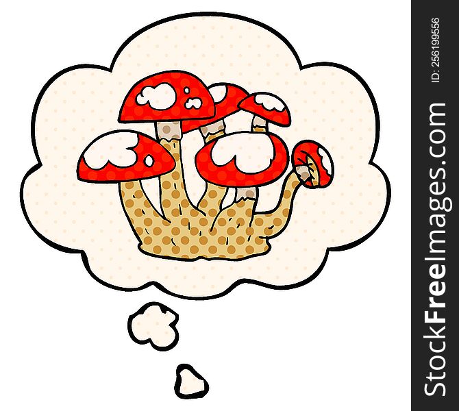 cartoon mushrooms with thought bubble in comic book style