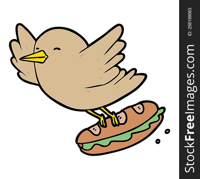 cartoon bird stealing sandwich. cartoon bird stealing sandwich