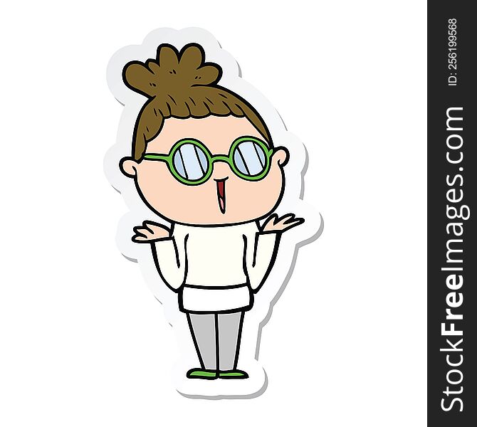 Sticker Of A Cartoon Shrugging Woman Wearing Spectacles
