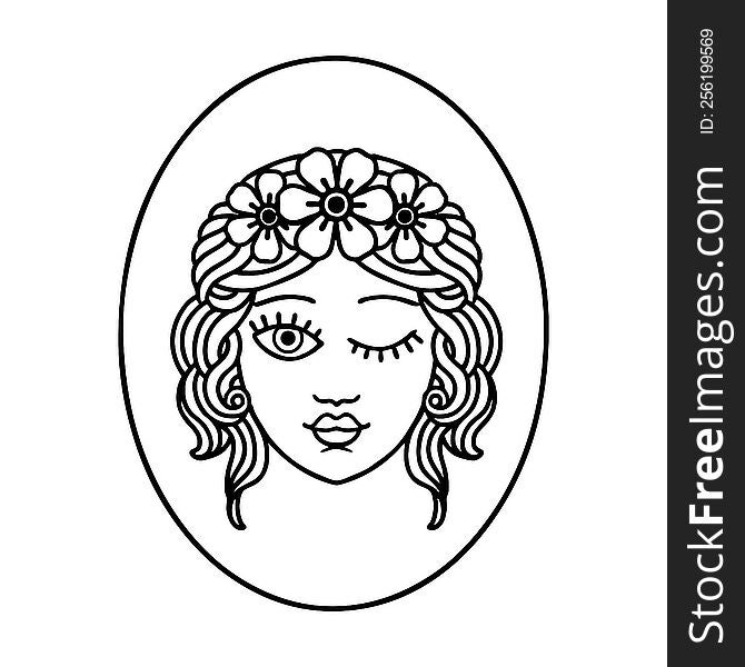 Black Line Tattoo Of A Maiden With Crown Of Flowers Winking