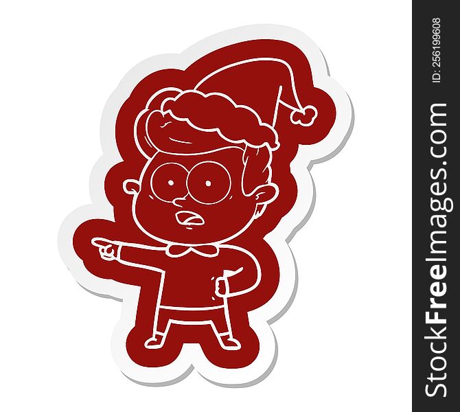 Cartoon  Sticker Of A Staring Man Wearing Santa Hat