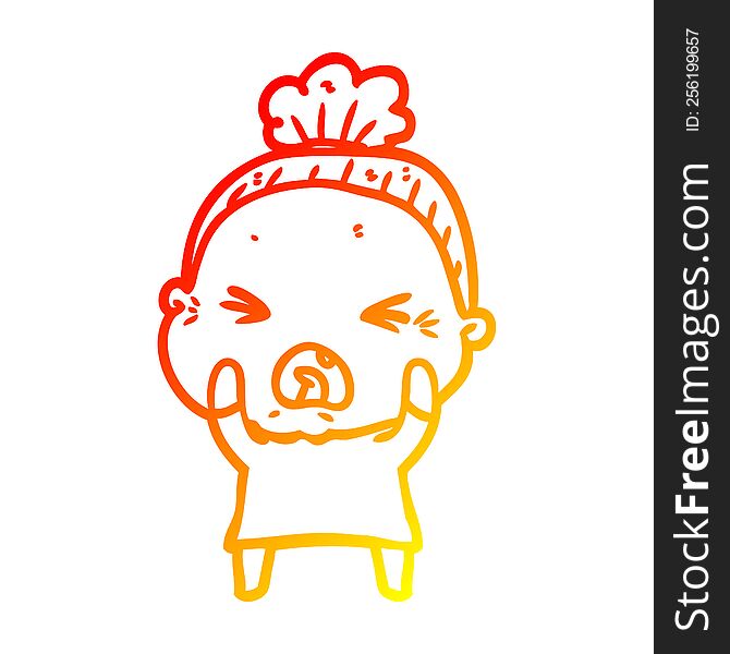 Warm Gradient Line Drawing Cartoon Angry Old Woman