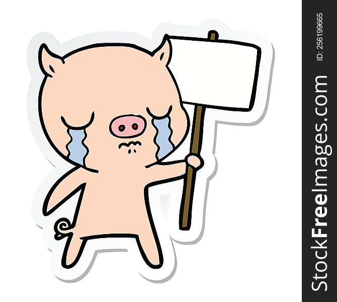 sticker of a cartoon crying pig with sign post