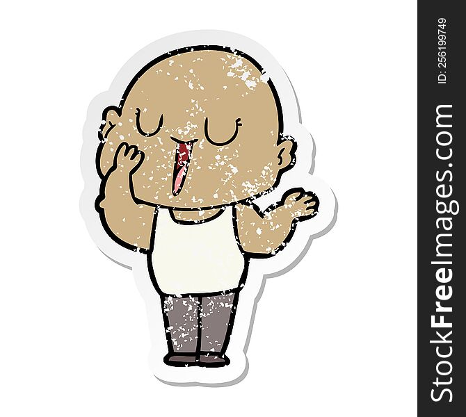 distressed sticker of a happy cartoon bald man yawning