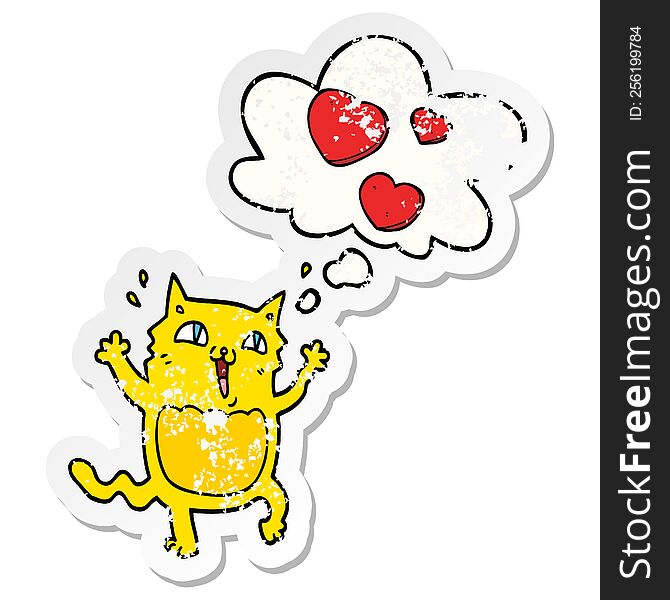 cartoon cat crazy in love with thought bubble as a distressed worn sticker