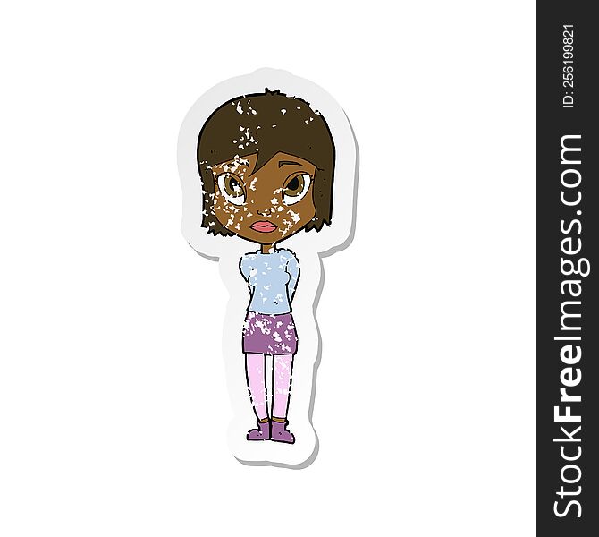 Retro Distressed Sticker Of A Cartoon Shy Girl