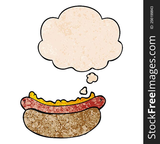cartoon hotdog with thought bubble in grunge texture style. cartoon hotdog with thought bubble in grunge texture style