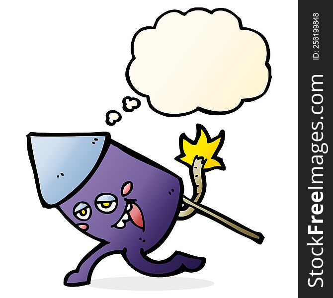 cartoon funny firework character with thought bubble
