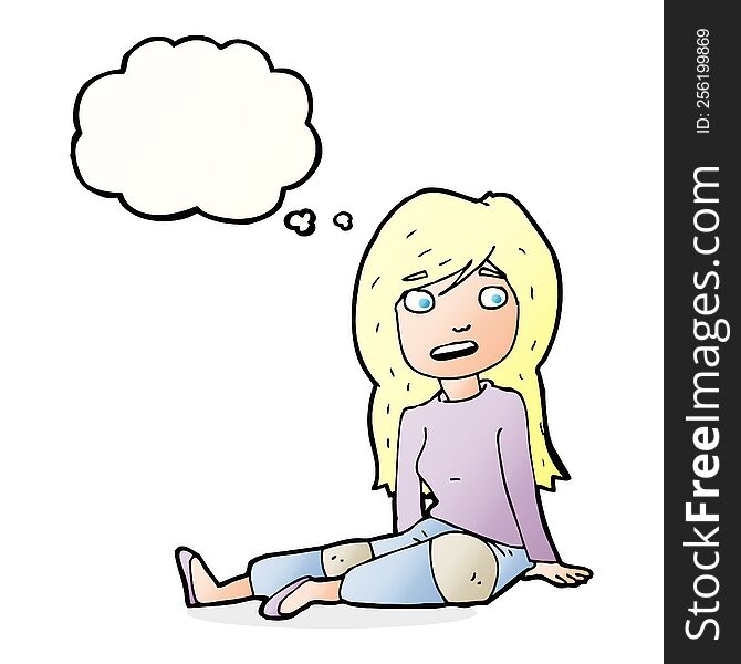 Cartoon Girl Sitting On Floor With Thought Bubble