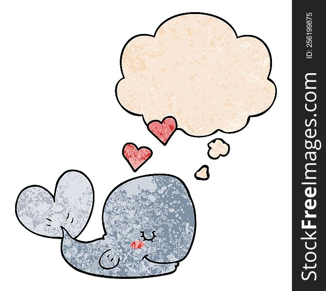 Cartoon Whale In Love And Thought Bubble In Grunge Texture Pattern Style