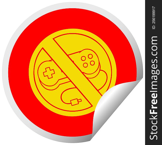 circular peeling sticker cartoon of a no gaming allowed sign