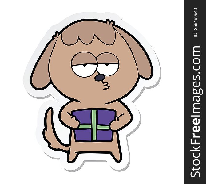 sticker of a cartoon bored dog with christmas present