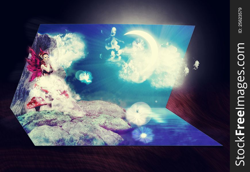 Illustration of 3D live card with fairy and moon.