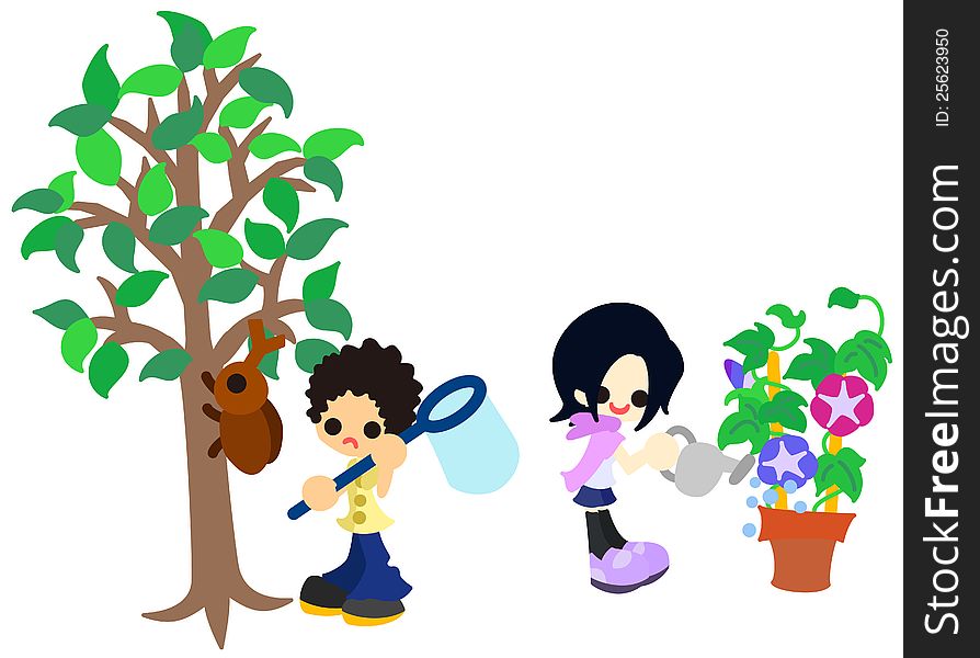 A boy is catching a beetle, and a girl is watering to a morning glory. They are busy to their home works of the summer vacation. A boy is catching a beetle, and a girl is watering to a morning glory. They are busy to their home works of the summer vacation.