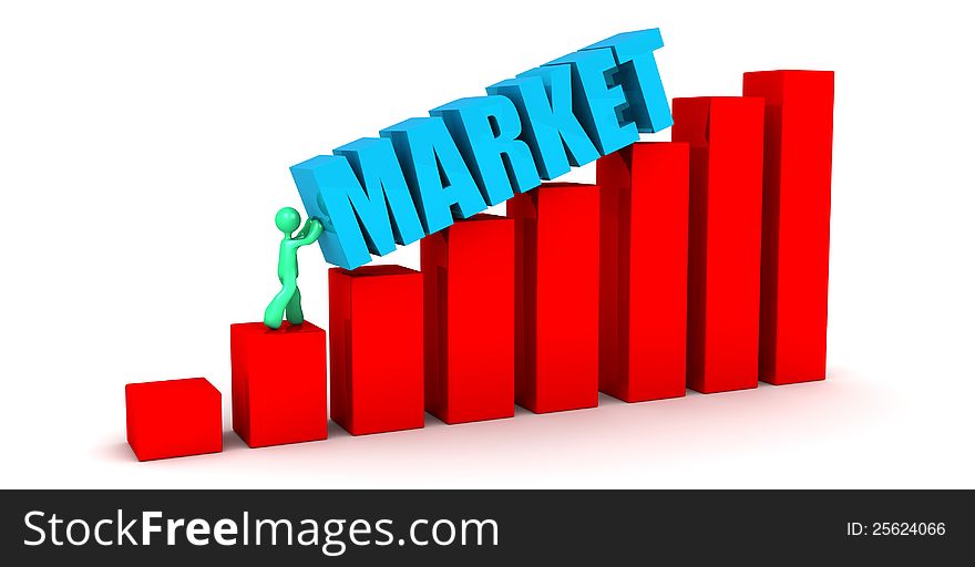 A cartoon man pushing a market lettering up a increasing bar graph. A cartoon man pushing a market lettering up a increasing bar graph