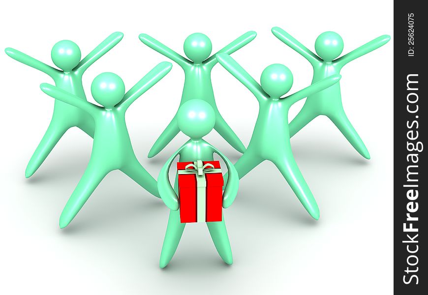 A cartoon man holding a red gift box and a group of cartoon men with hands and feet outward. A cartoon man holding a red gift box and a group of cartoon men with hands and feet outward